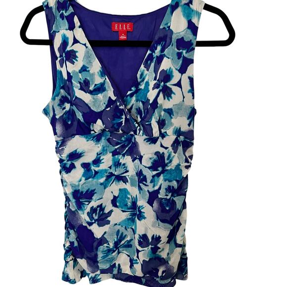 Elle top women’s size medium blue floral print v neck sleeveless tank VTG Y2K - Picture 1 of 4